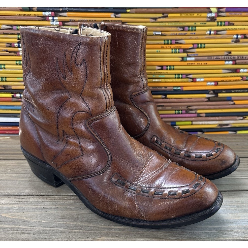 Vtg Double-H Western Boots Short Patina Saddle Stitch Men's 9 M